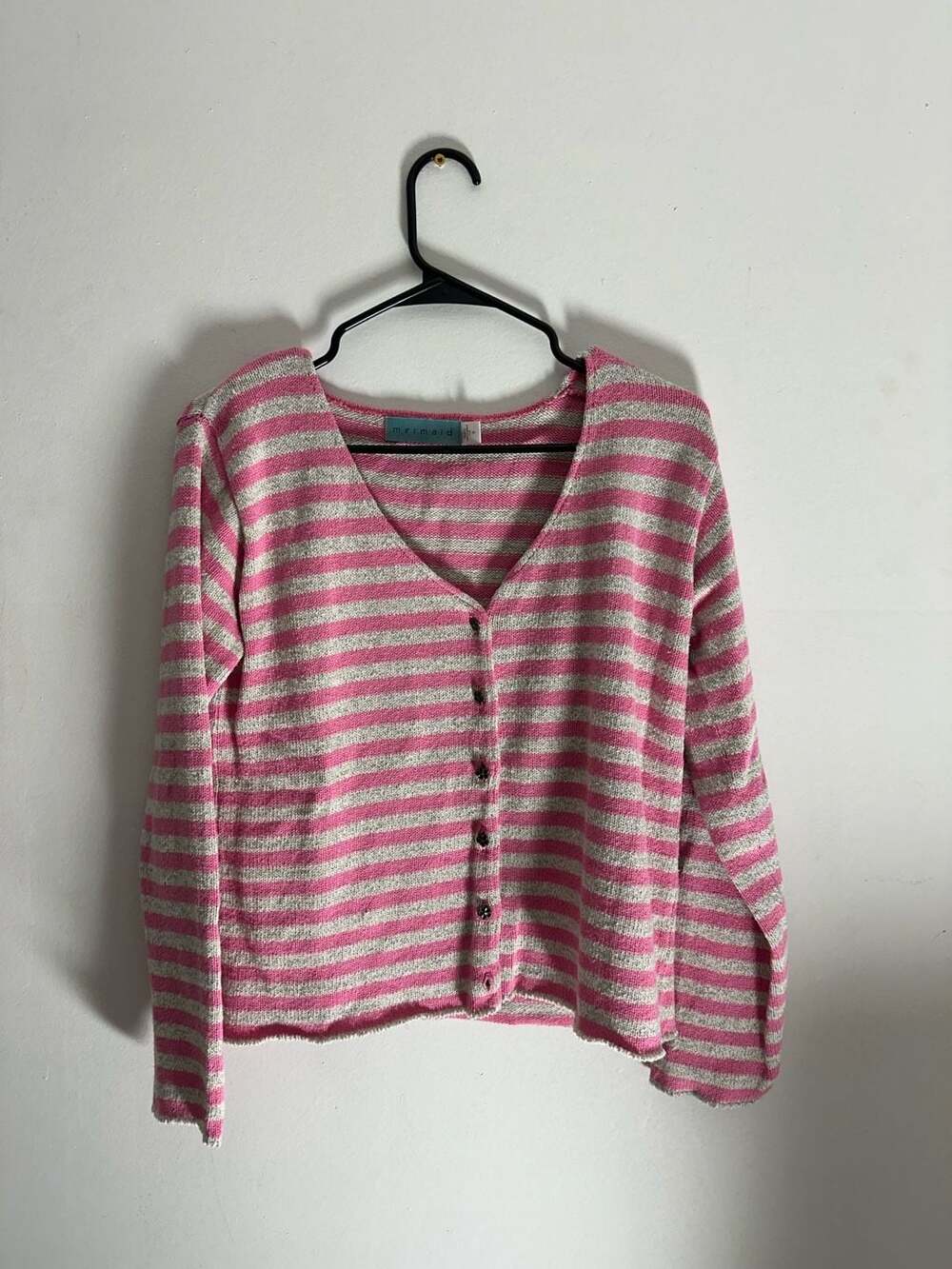 Mermaid Pink and Grey Striped V-Neck Cardigan with Flower Buttons Size S
